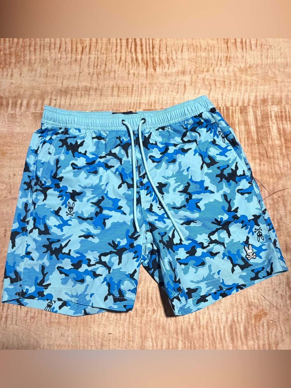 Psycho Bunny Light & Royal Blue & Black Camo Swim Trunks - Mens size Small